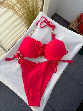Red Push-Up Bikini Set with Gold Chain Accents